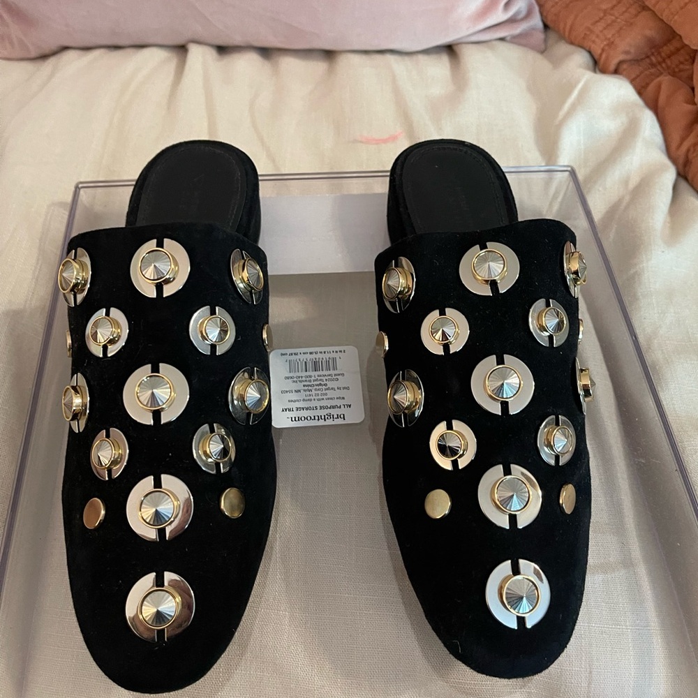 MERCEDES CASTILLO Black and Gold Mules with Velvet Finish